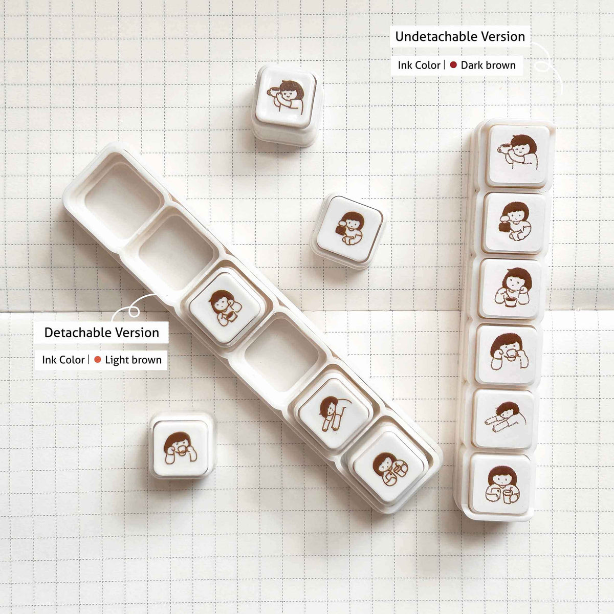 Miss Ng Yuk 6-in-1 detachable push-button coffee lover stamps showing old and new designs on white background