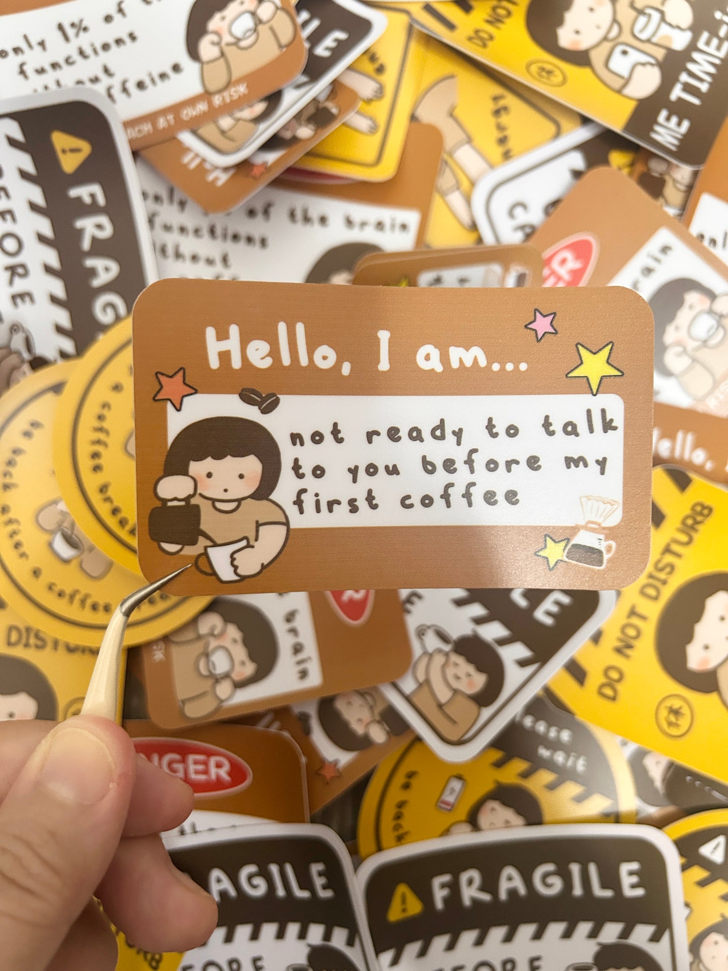 Vinyl sticker with humorous text "Hello I am... not ready to talk to you before my first coffee" coffee-themed designs.