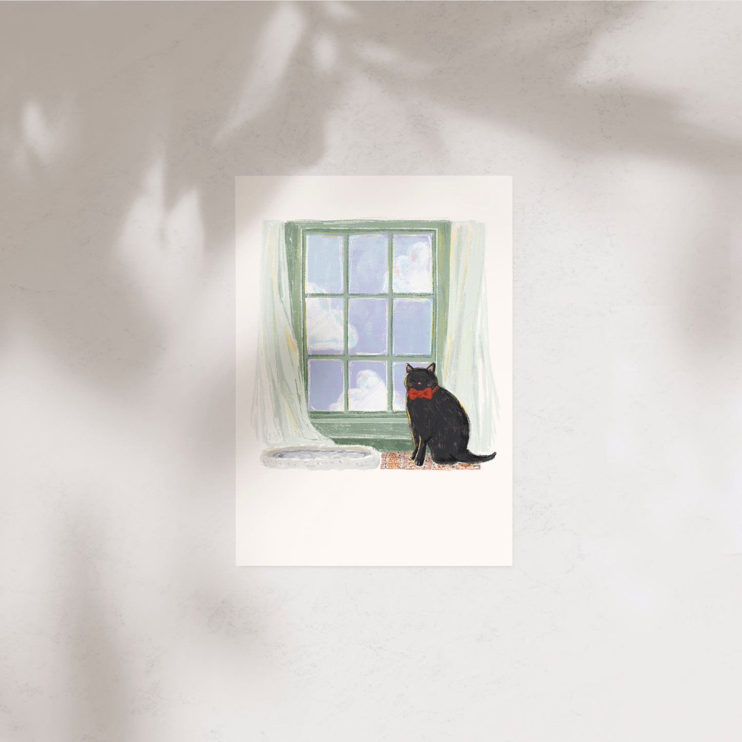 Black cat by the WIndow Illustration Postcard
