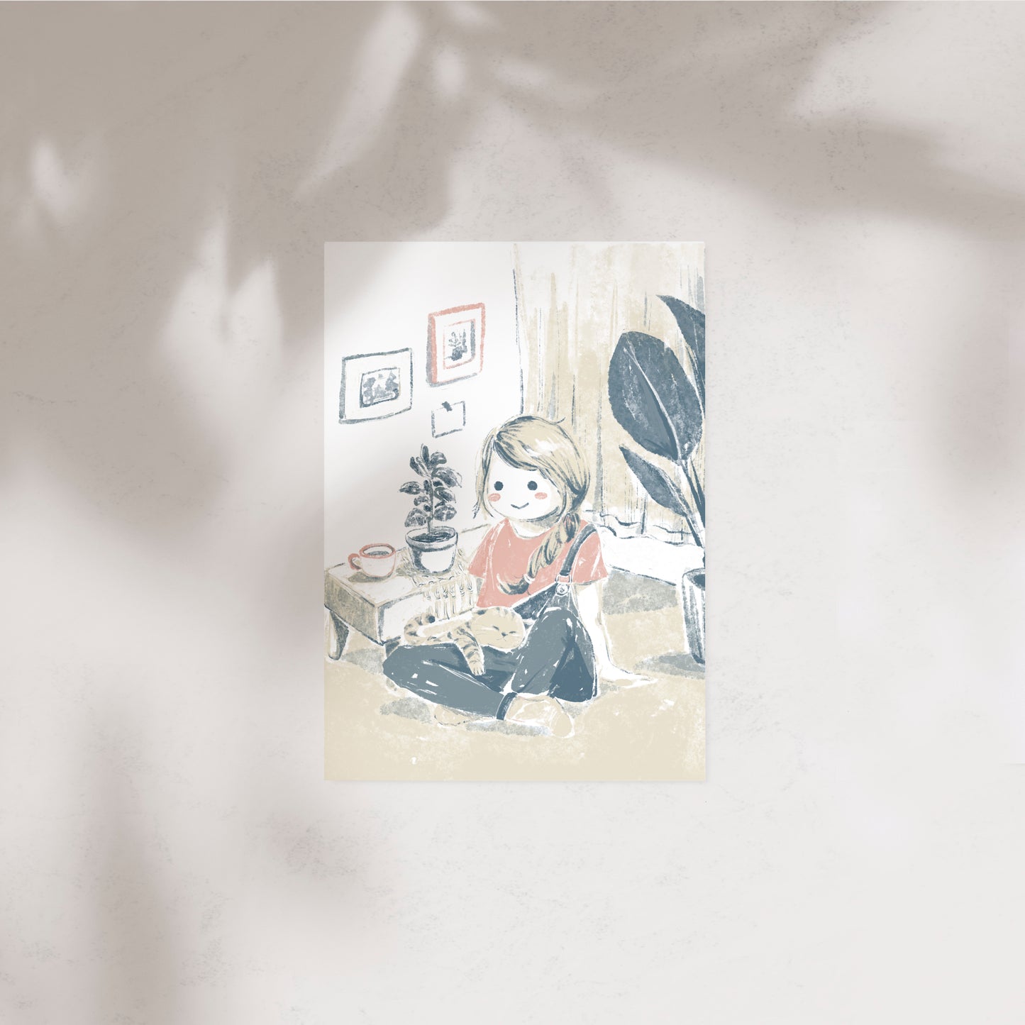 Girl and Cat at Cozy Home Illustration Postcard