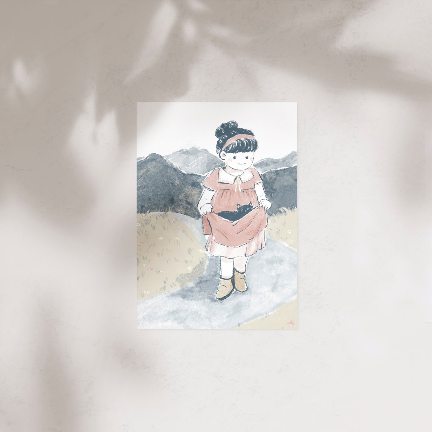 Girl and Cat Go Hiking Illustration Postcard