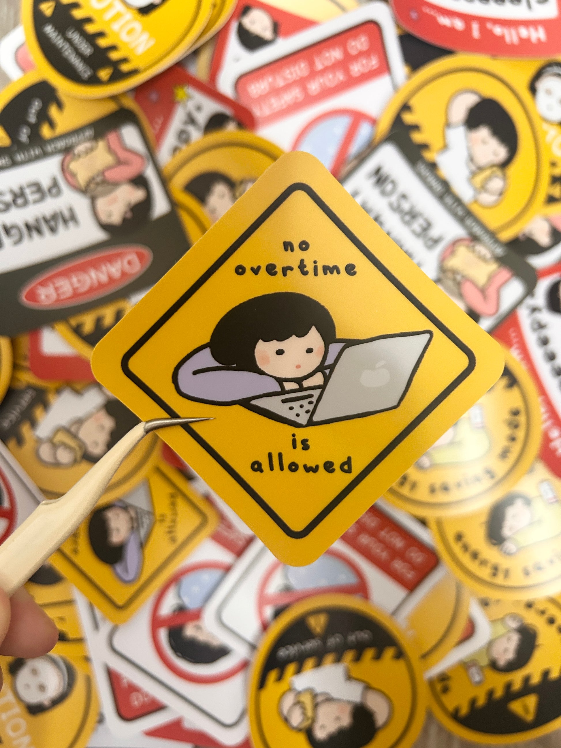 Humorous vinyl sticker road signed-themed with text "No overtime is allowed".