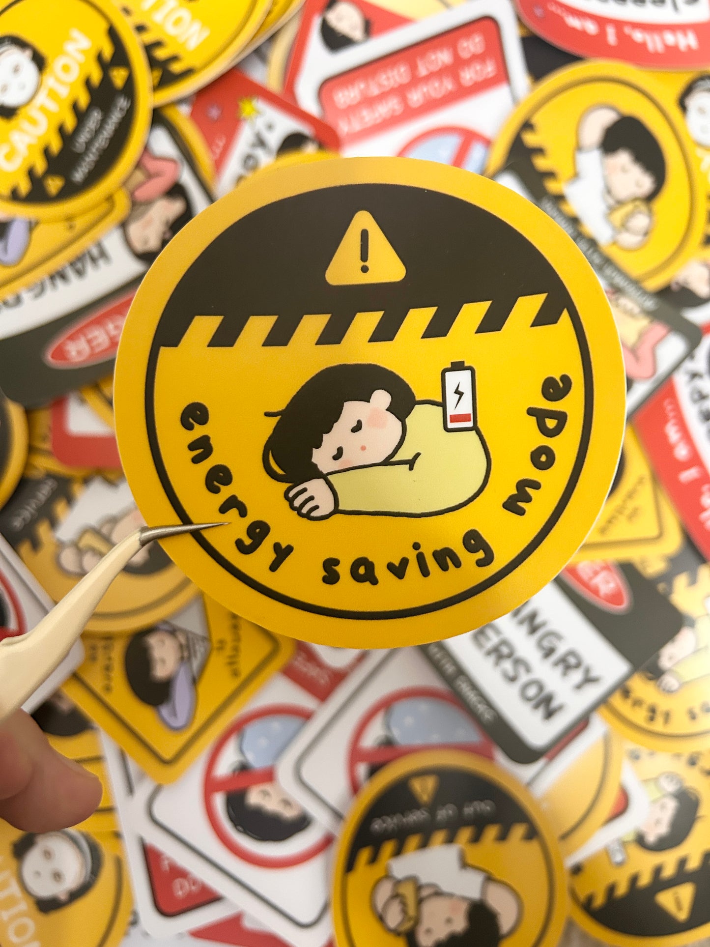 Humorous vinyl sticker warning notice-themed with text "Energy Saving Mode".