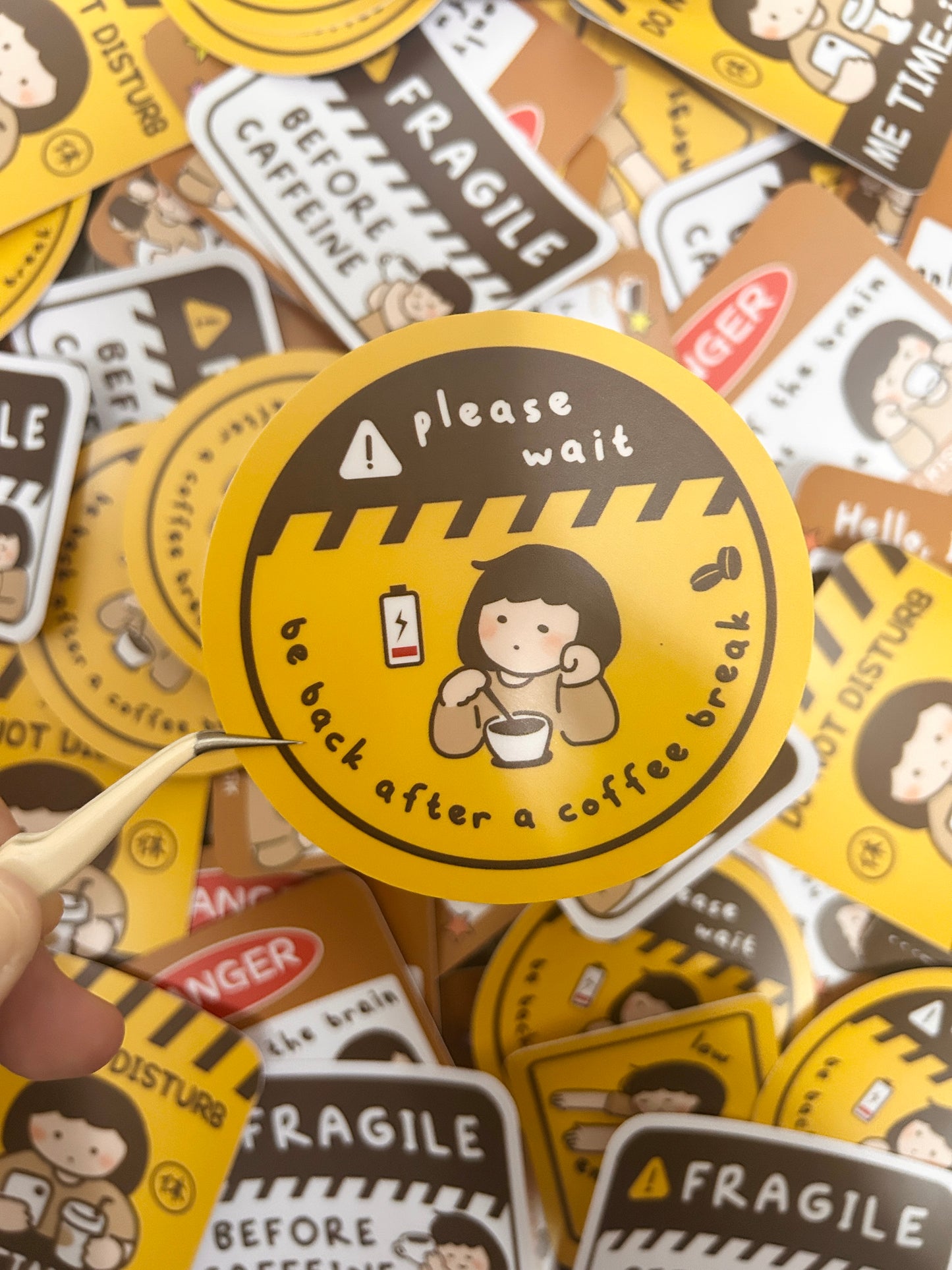 Vinyl sticker with humorous text "Please wait be back after a coffee break" coffee-themed designs.