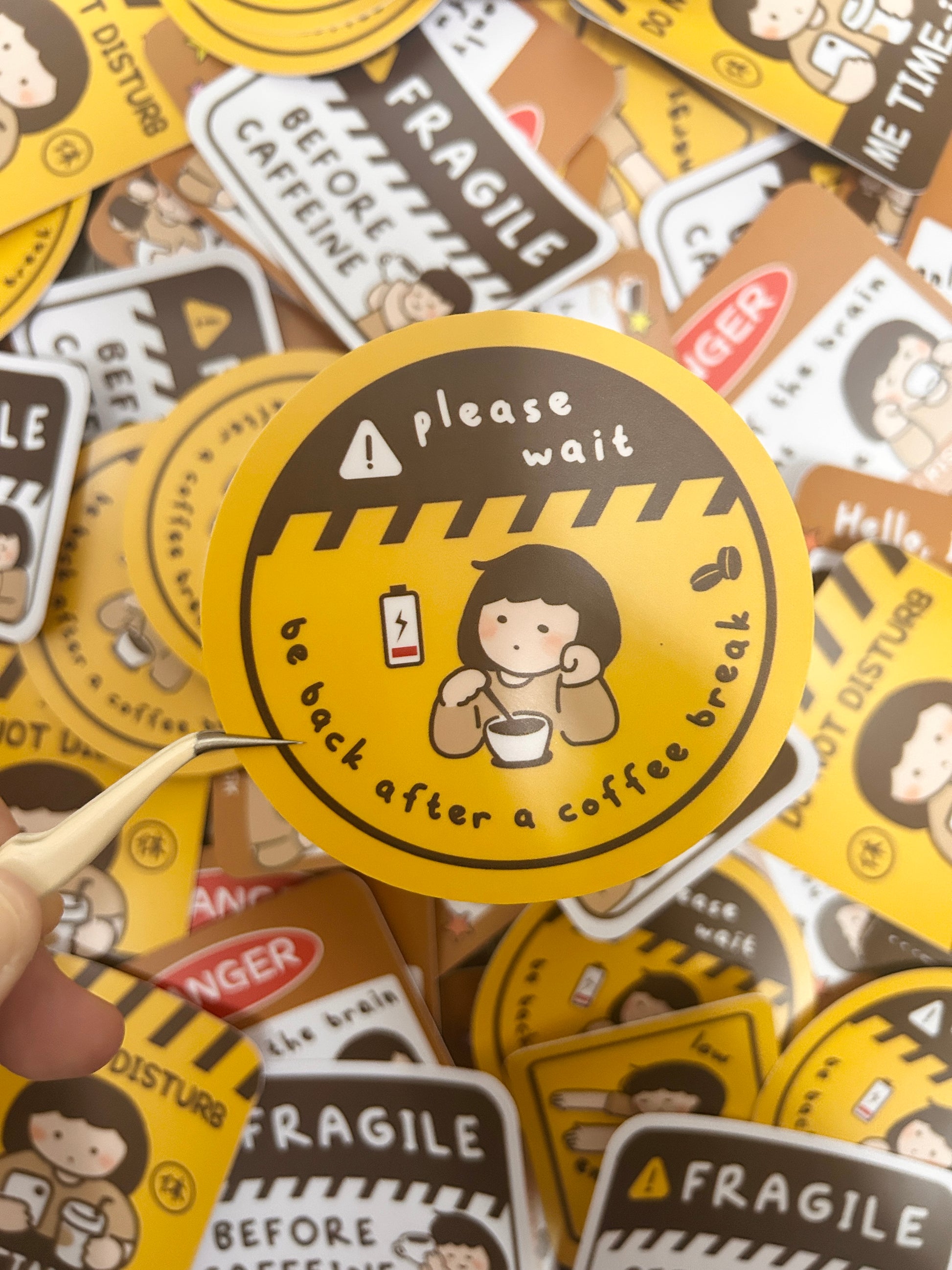 Vinyl sticker with humorous text "Please wait be back after a coffee break" coffee-themed designs.