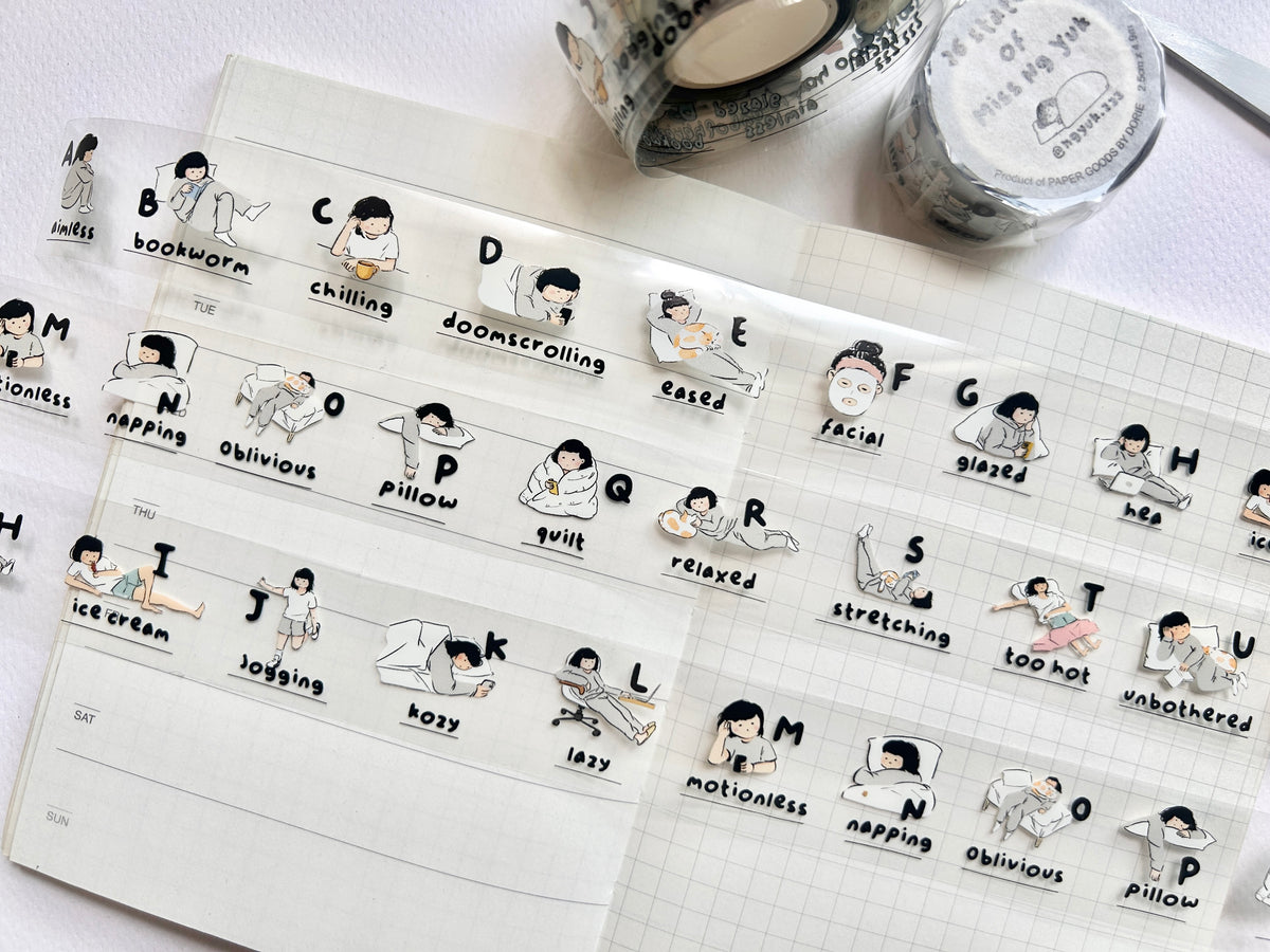 Miss Ng Yuk 26 Stages PET sticker tape roll with colorful adhesive labels for crafting and organization.