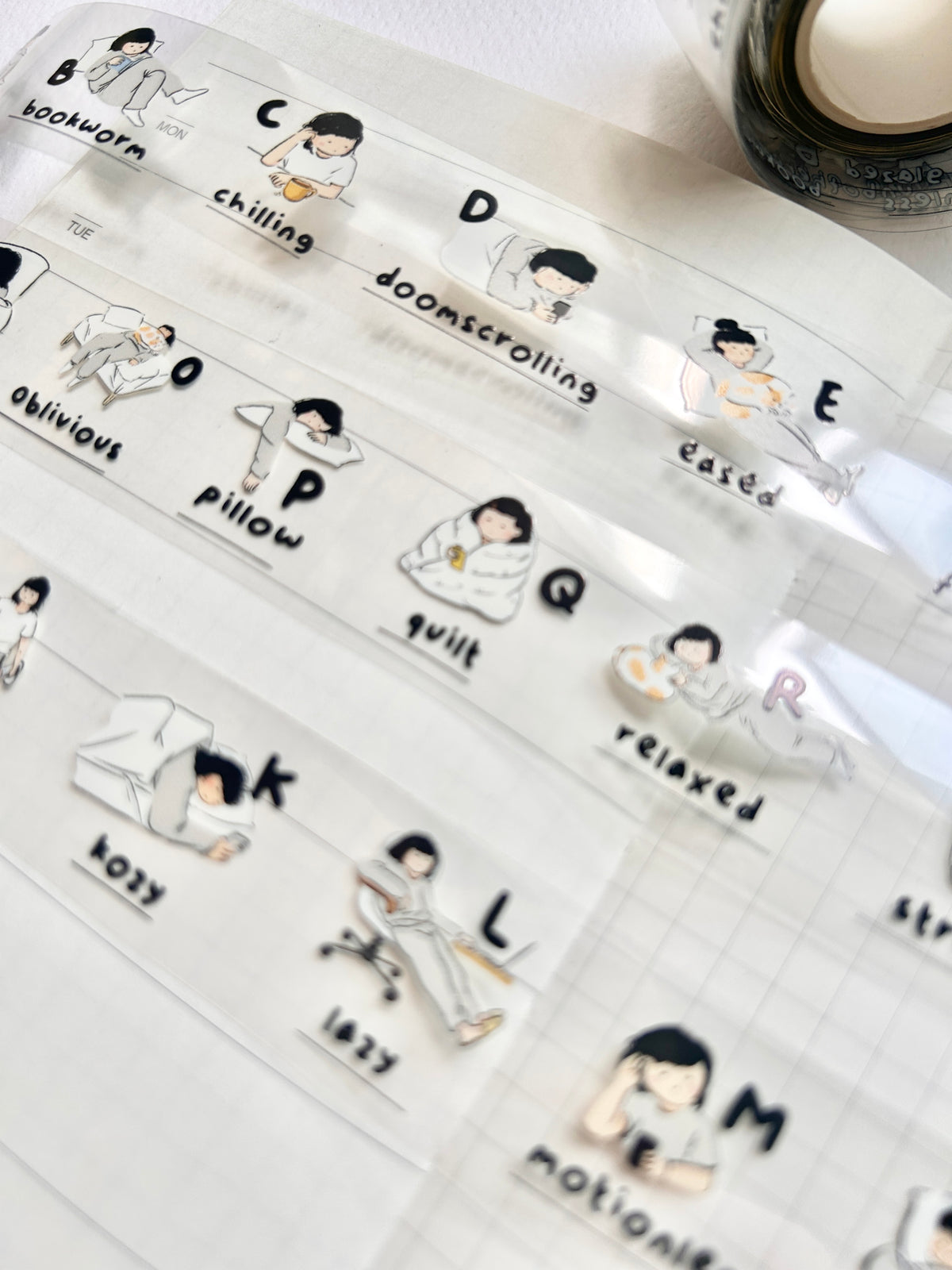Miss Ng Yuk 26 Stages PET sticker tape roll with colorful labels for organizing and labeling applications.
