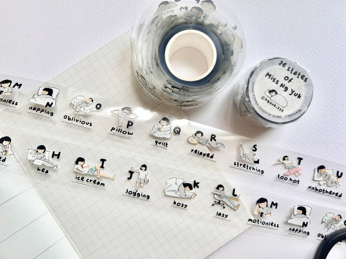 Miss Ng Yuk 26 Stages PET sticker tape roll with colorful printed tape for crafting and decorating projects.