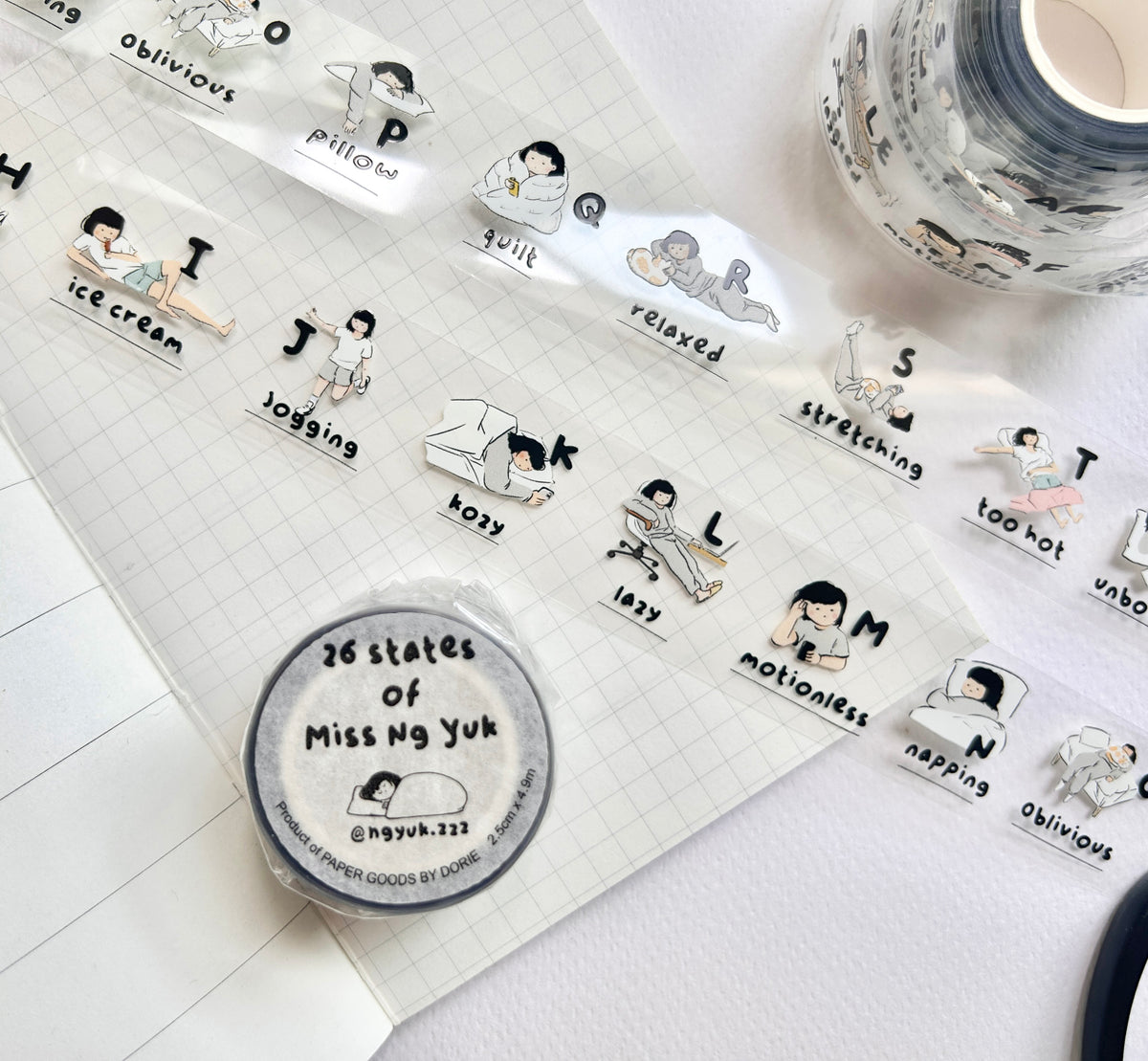 Miss Ng Yuk 26 Stages PET sticker tape roll with colorful labels, designed for organizing and decorating.