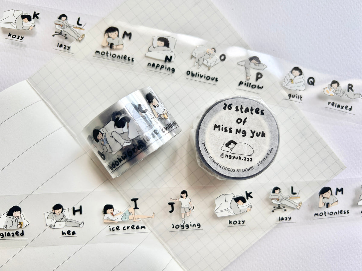 Miss Ng Yuk 26 Stages PET Sticker Tape showing colorful tape rolls with various stage labels for pet training
