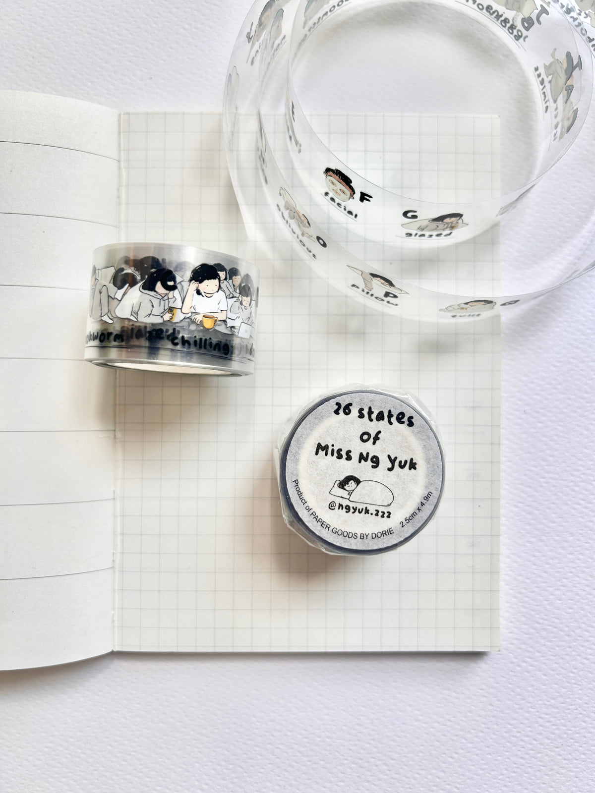 Miss Ng Yuk 26 Stages PET sticker tape roll with colorful adhesive labels for organizing and labeling.