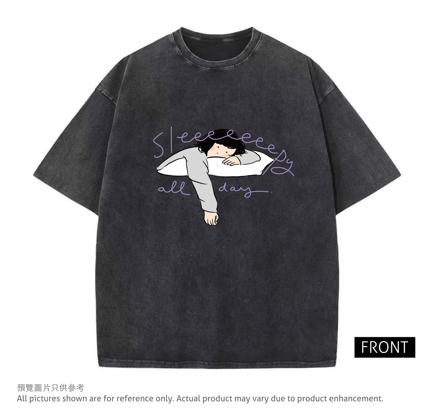 Miss Ng Yuk Sleepy All Day washed T-shirt displayed on a mockup, showcasing a casual, relaxed fit in soft fabric.