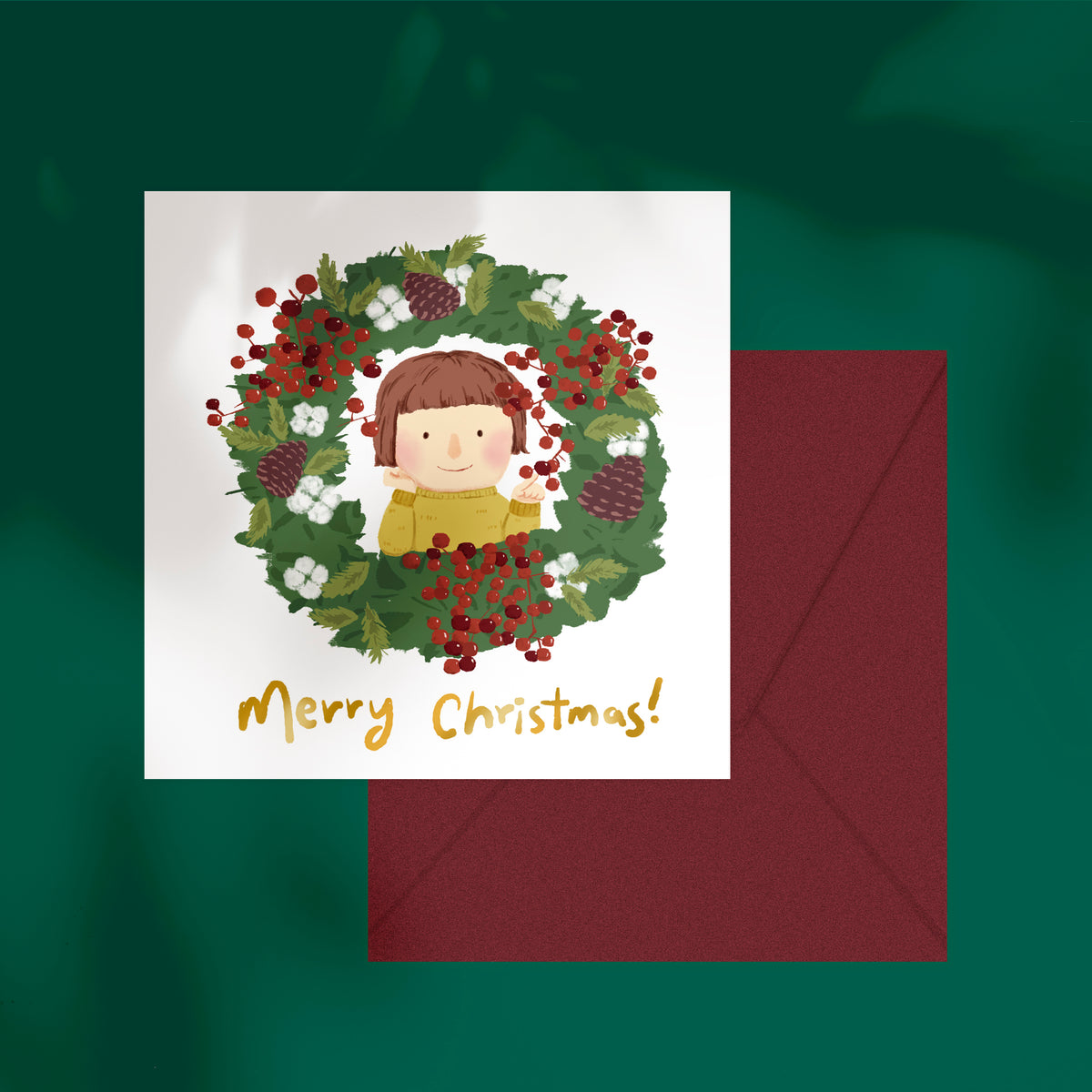 Christmas wreath greeting card from PAPER GOODS BY DORIE featuring festive holiday design for Christmas celebrations.
