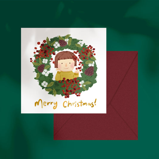 Christmas wreath greeting card from PAPER GOODS BY DORIE featuring festive holiday design for Christmas celebrations.