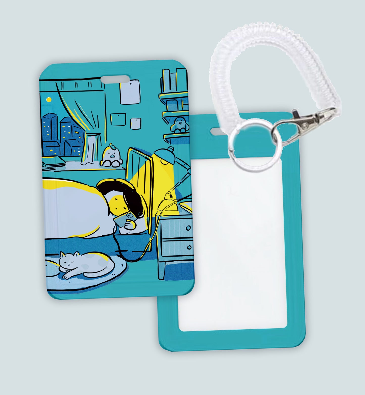 Miss Ng Yuk Rot in Peace sliding badge holder with phone design on mockup cardholder, featuring a humorous skull and flower motif.