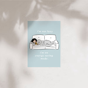 Miss Ng Yuk Energy Saving Mode postcard featuring vibrant illustrations and eco-friendly messaging in a colorful design.